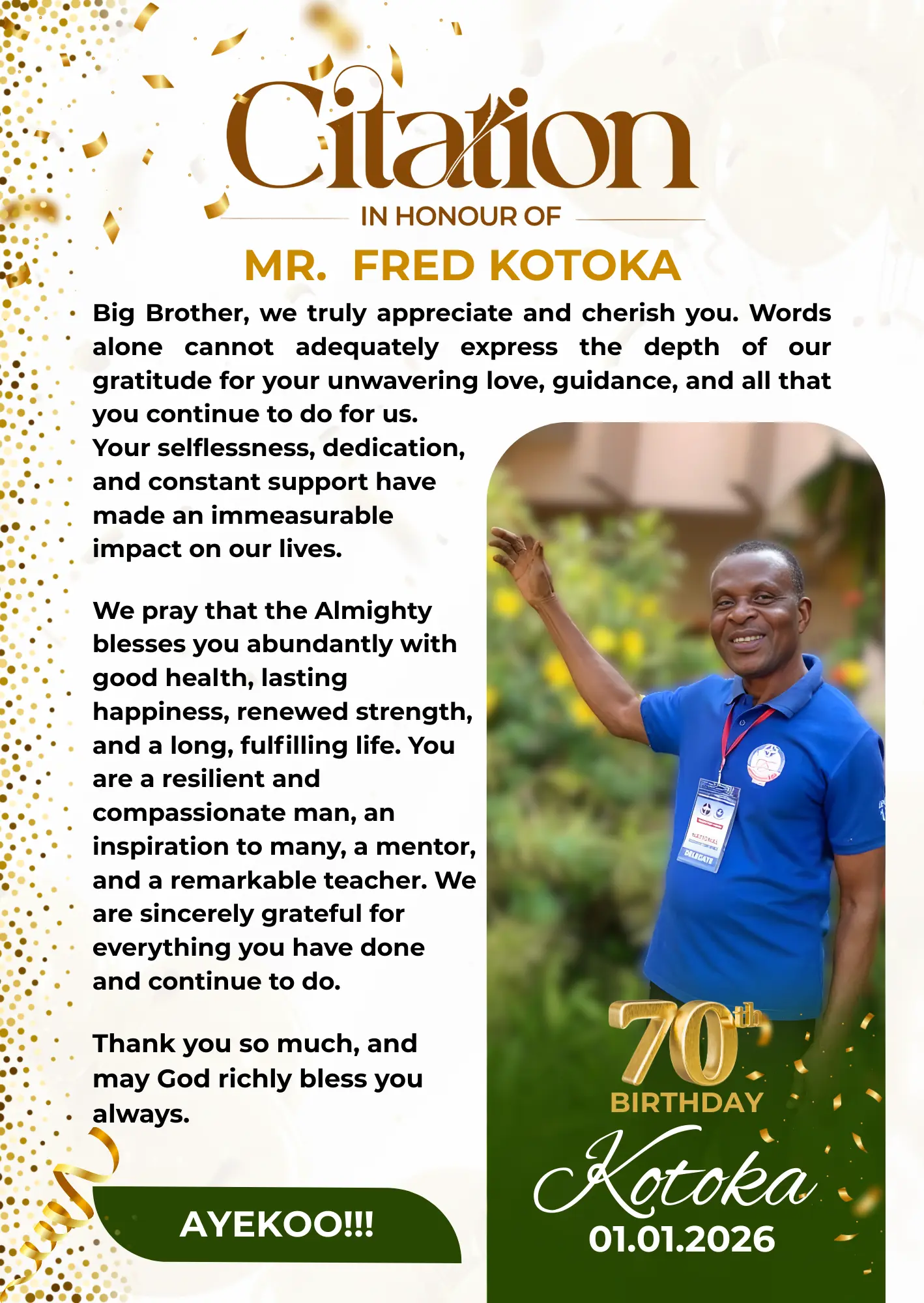 Citation in Honour of Mr. Fred Kotoka — Citation design for Mrs. Francisca